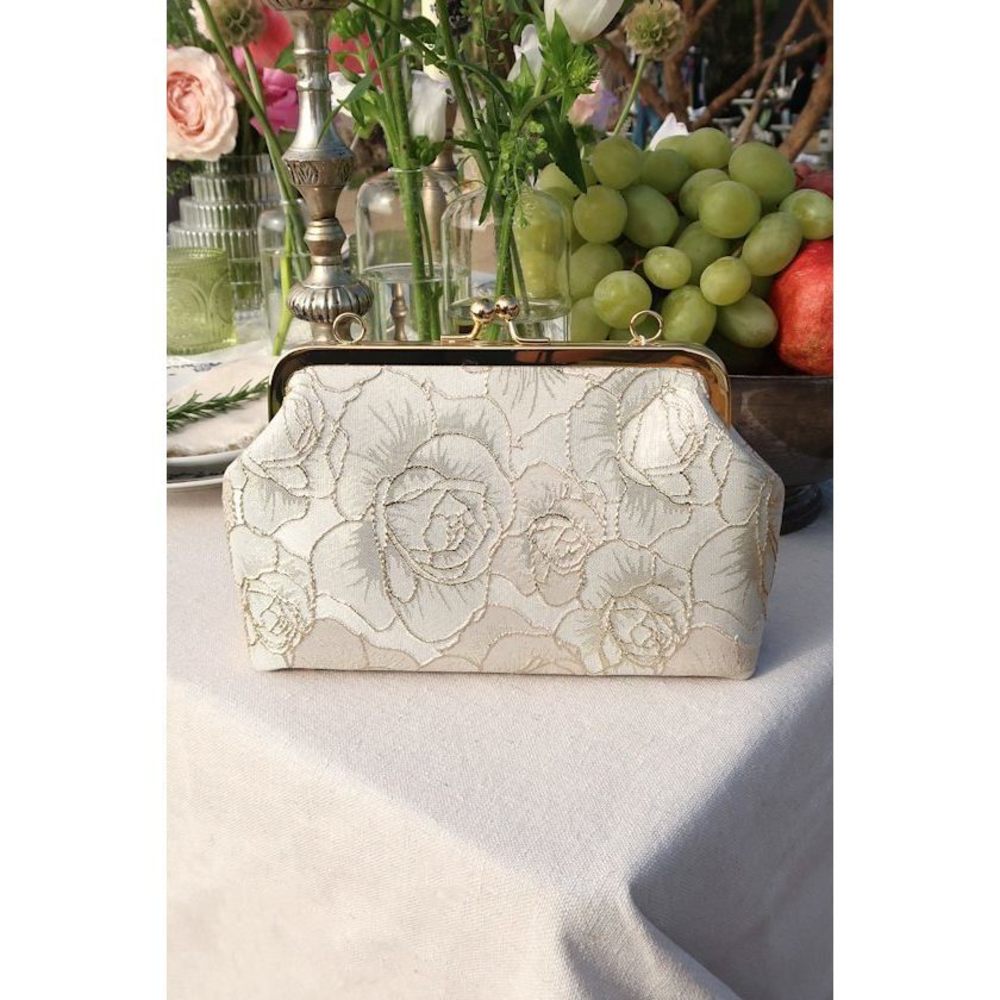 Lulus Posh Styling Ivory And Gold Satin Floral Lurex Clutch White